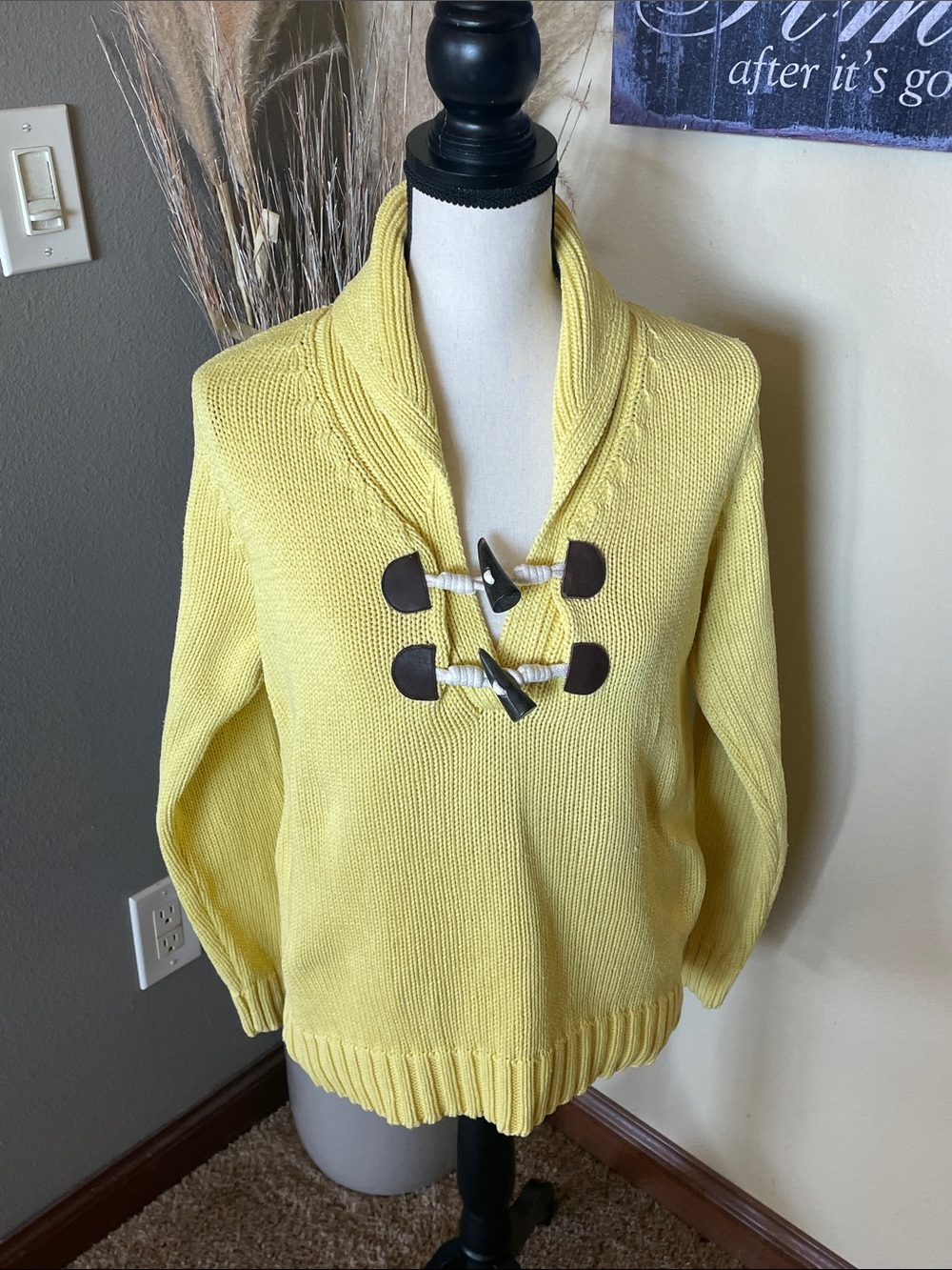 525 America Shaker Knit Cotton Toggle Button Shawl Collar Yellow Sweater Size L
